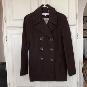 Calvin Klein Wool Cashmere Double Breasted Chocolate Brown Coat Jacket Sz 4
